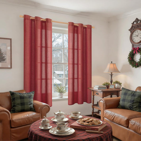 YoungsTex Red Linen Curtains 63 Inch Length for Living Room, Light Filtering Window Drapes with Bronze Grommet Semi Sheer Privacy for Bedroom, 42 x 63 Inch, 2 Panels
