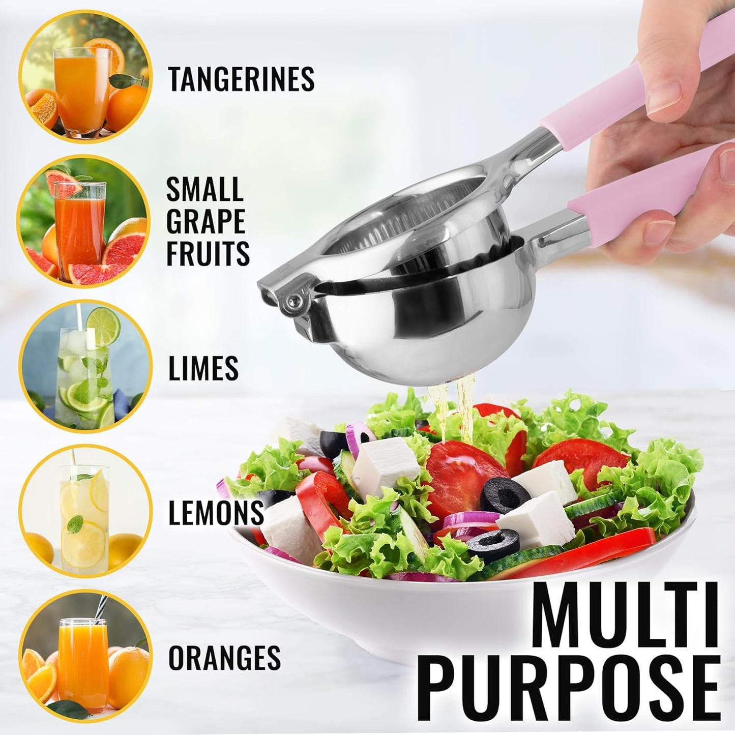 Zulay Kitchen Lemon Squeezer Stainless Steel with Premium Heavy Duty Solid Metal Squeezer Bowl and Food Grade Silicone Handles - Large Manual Citrus Press Juicer and SS Lime Squeezer (Pink)