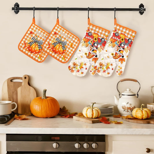 Fall Pumpkin Gnome Oven Mitts and Pot Holders Sets 4Pcs, 100% Cotton Heat Resistant, Extra Long Oven Gloves Potholder for Thanksgiving Kitchen Cooking Baking Decoration