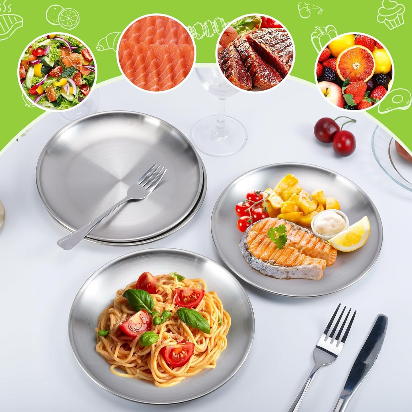 Jeffbaubl 6 Pack Stainless Steel Plates,7.8 Inch Round Salad Plates, Unbreakable Metal 304 Dinner Dishes,Lightweight Feeding Serving Camping Plate, Reusable and Dishwasher Safe