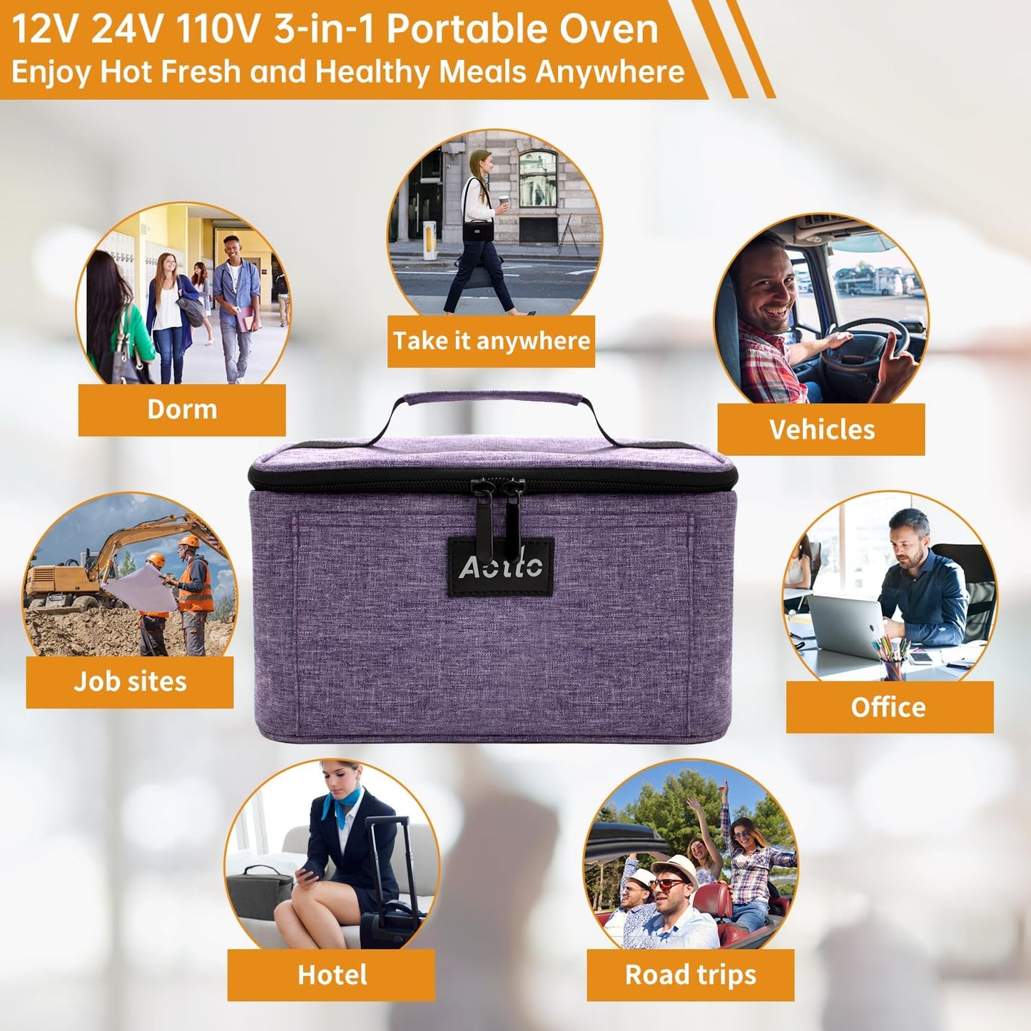 Aotto Portable Electric Lunch Box Food Heater, 12V/24V/110V 3-in-1 Car Food Warmer Heated Lunch Box for Adults, Cook, Reheat & Keep Meals Warm for Car, Truck, Travel, Work, Home - Purple