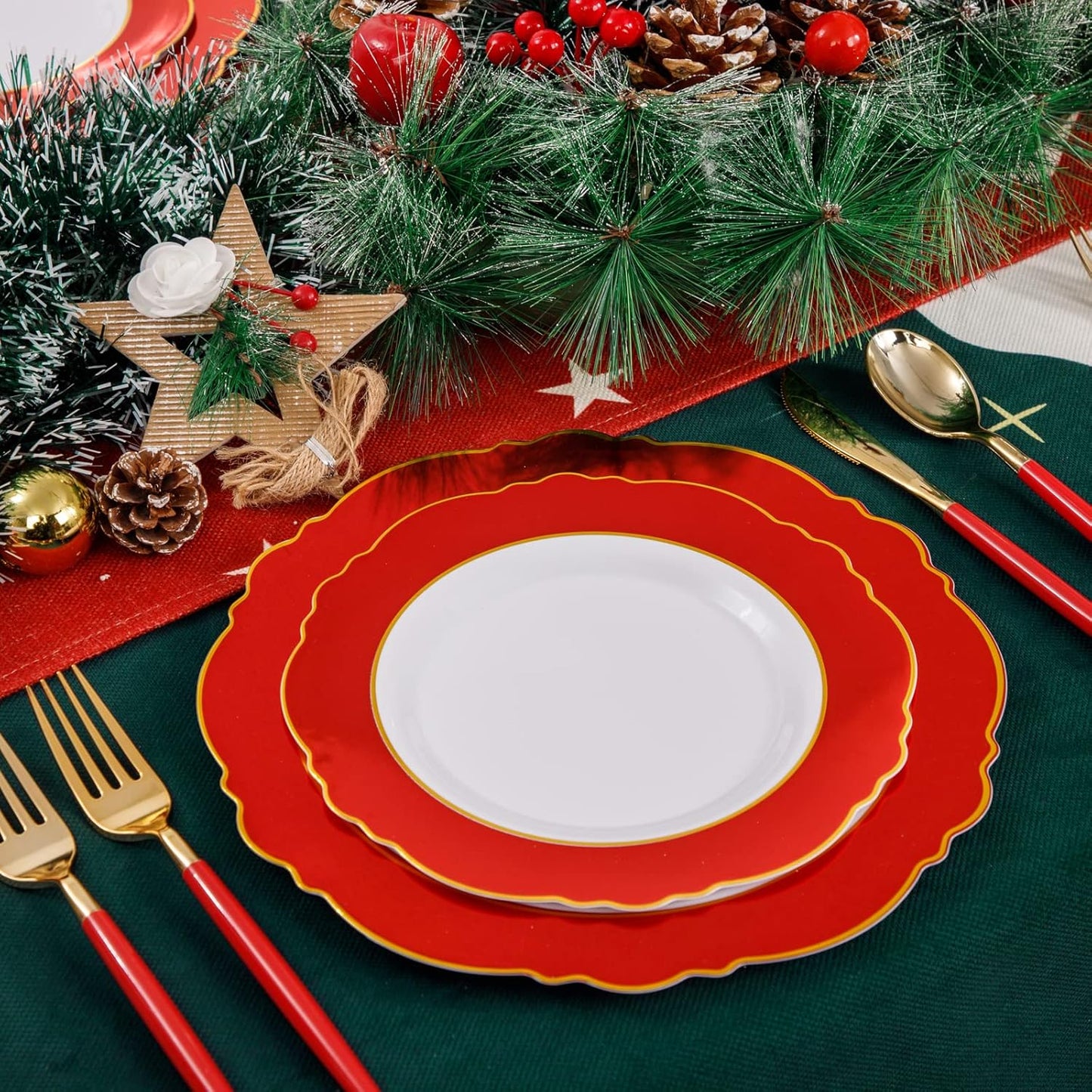 WDF 30Guest Red 4th of July Plates - Gold Plastic Silverware With Red Handle - Christmas Plates Disposable- Baroque Plastic Dinnerware for 4th of July