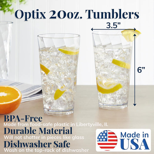 US Acrylic Optix Plastic Reusable Drinking Glasses (Set of 8) 20oz Water Cups in Clear | BPA-Free Tumblers, Made in USA | Top-Rack Dishwasher Safe