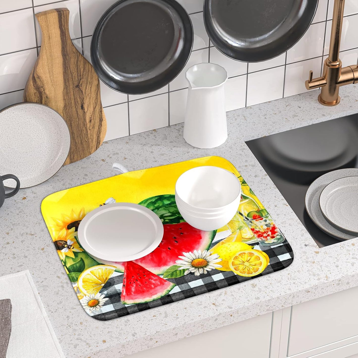 Summer Watermelon Dish Drying Mat Microfiber,Yellow Lemon Buffalo Plaid Dishes Drainer Mats 16x18 Inch,Absorbent Washable Large Drainer Rack Pad Protective Kitchen Counter Decor