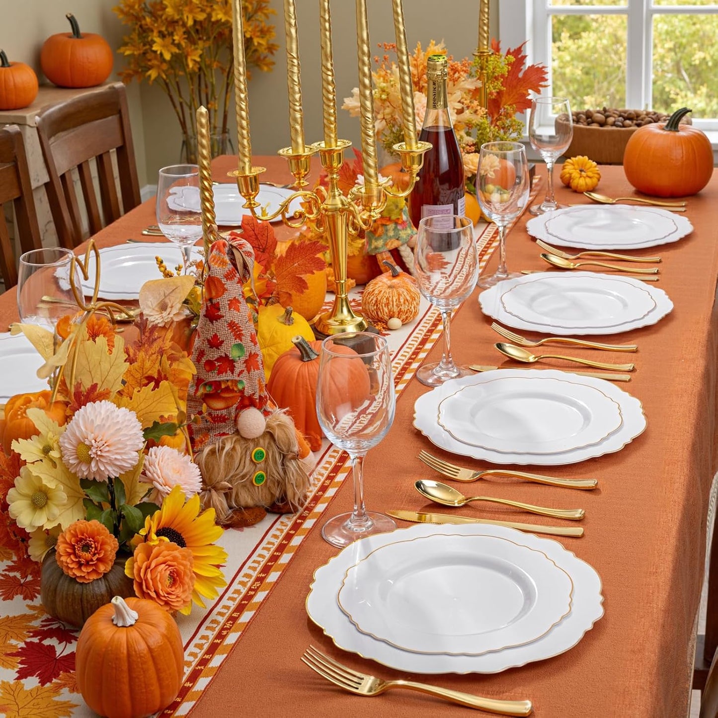 WDF 60pcs Gold Plastic Dinner Plates -10.25inch Baroque White and Gold Plates Fancy Heavy Duty Fall Plastic Plates for Upscale Thanksgiving Parties & Wedding & Birthday