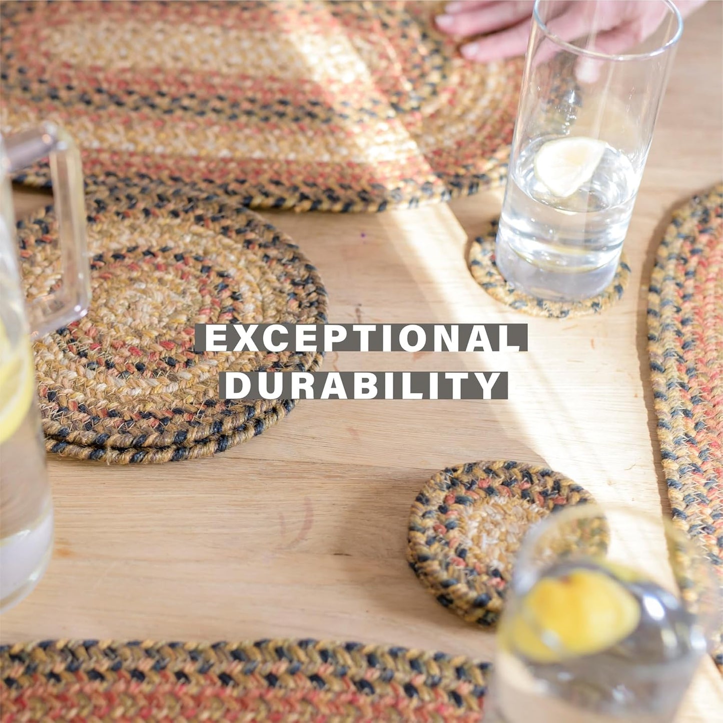 Russet Round Braided Placemats, Warm Country Decor, Set of 2, 15", Multicolor Jute Table Mats - Vibrant Colors, Durable, Easy to Clean and Protects Furniture