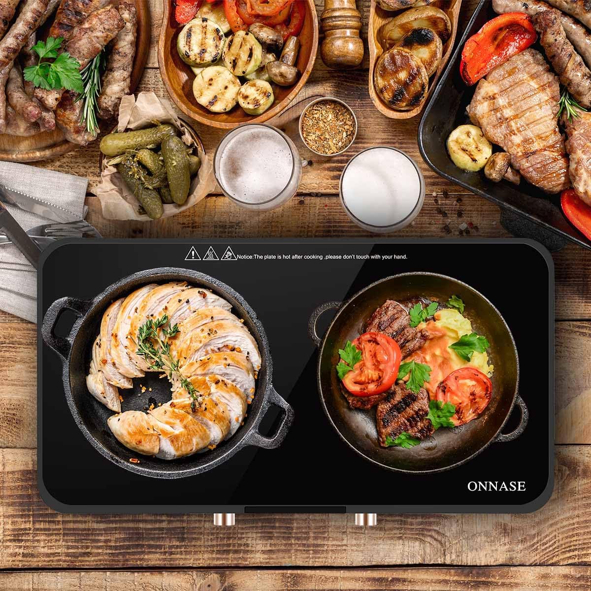 Double Induction Cooktop, 1800W Electric Stove Top Burner with Removable Non-Stick Griddle Pan, 2 Induction Burners, 11 Temperature & Power Levels, 3-Hour Timer, Black
