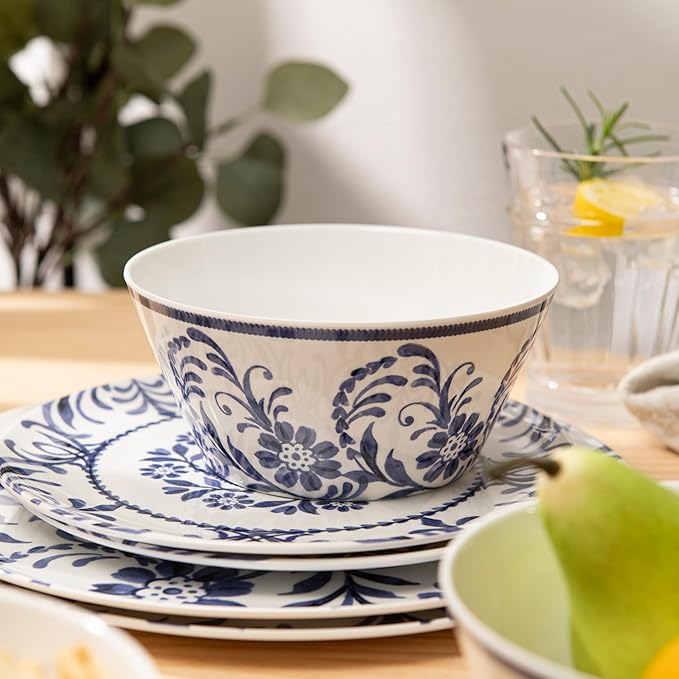 Bzyoo 12-Piece Melamine Dinnerware Set - Indigo Floral | Lightweight, Durable, BPA-Free | Dishwasher Safe Dish Set for Indoor & Outdoor Use - Perfect for Camping, BBQs, Kids Parties