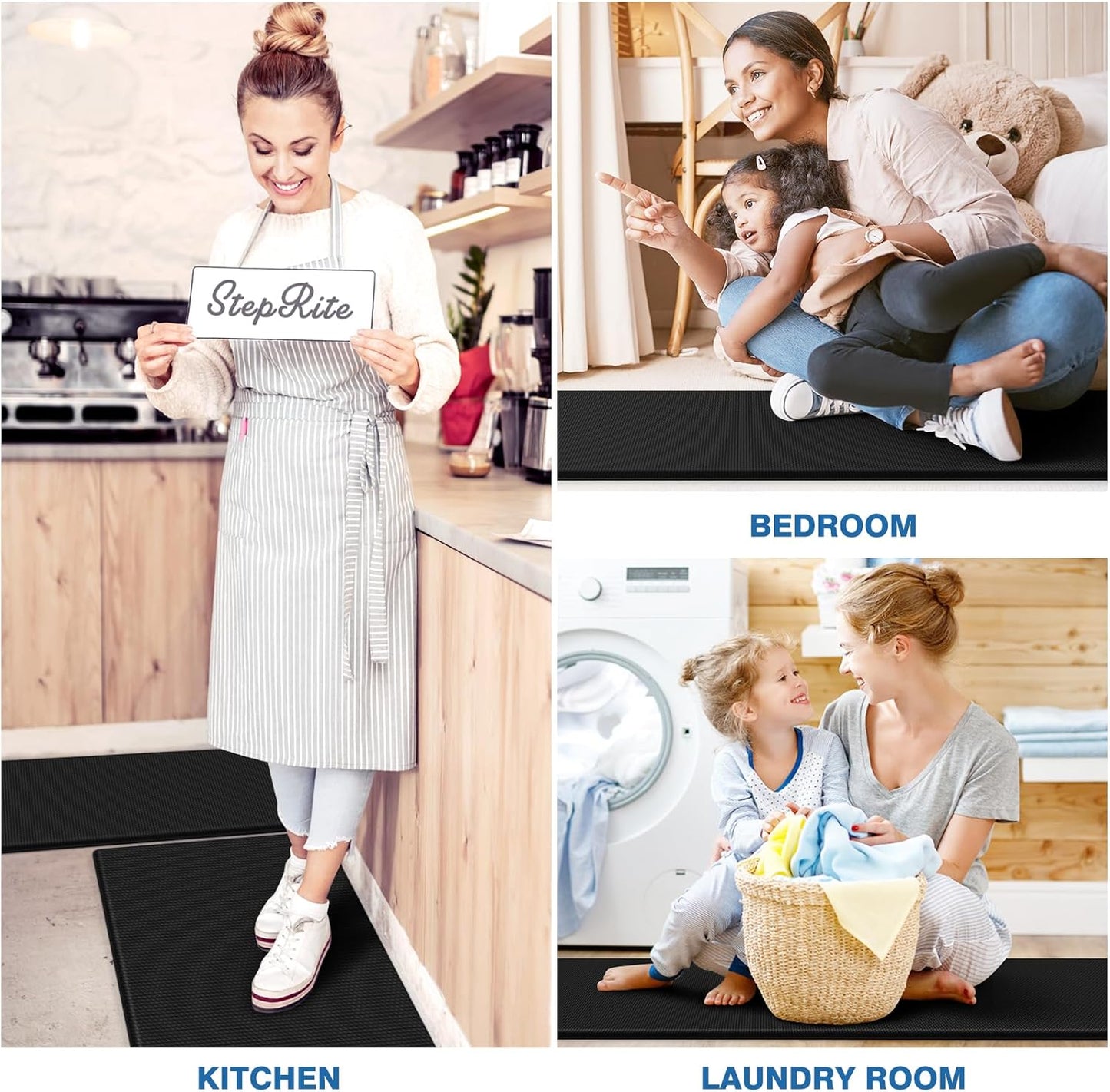 StepRite Kitchen Mats, 2PCS Kitchen Rugs, Cushioned Anti Fatigue Kitchen Mats for Floor, Non-Slip Standing Desk Mat, Waterproof Kitchen Rug Set for Kitchen, Floor, Office, 17.3"x30"+17.3"x59", Black