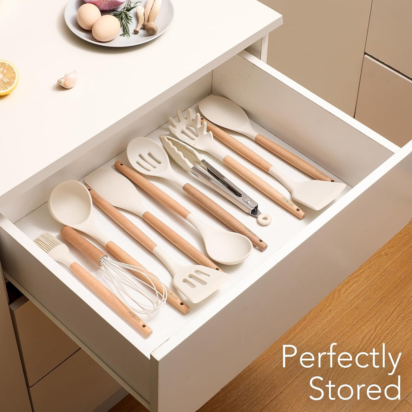 11-Piece Silicone Kitchen Utensil Set with Spatulas, Tongs, Whisk, Turner & Ladle – Heat Resistant, Non-Scratch Cooking Tools with Wooden Handles, Dishwasher Safe, BPA-Free (Beige)