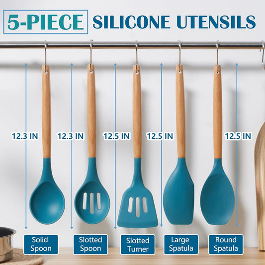 E-far Silicone Cooking Utensils Set, 5-Piece Kitchen Utensils Set with Wooden Handle for Cooking, Silicone Kitchen Nonstick Tools Spatula Turner Slotted Spoons, Nontoxic & Heat Resistant-Blue