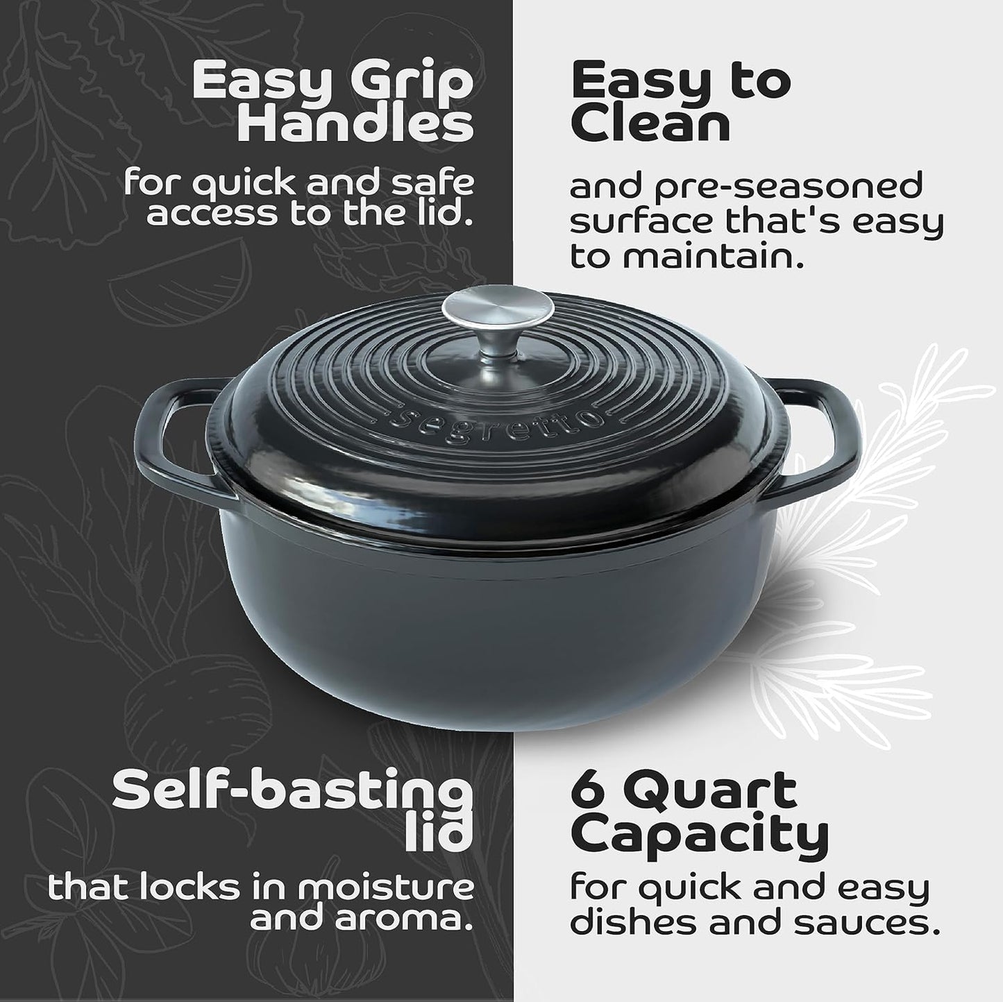 Segretto Cookware Enameled Cast Iron Dutch Oven, 6 Quarts, Black