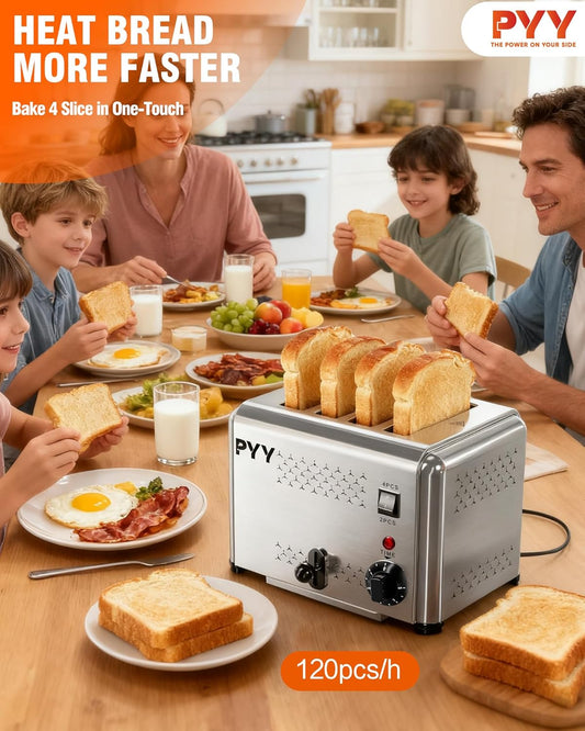 PYY Commercial Toaster 4 Slices - with 2/4 Slice Option, 120Pcs/H, 6-Level Setting Toaster with Removable Crumb Tray, 1.1 inch Wide Slot for Bagel, Bread, 1200W Stainless Steel for Restaurant, Home