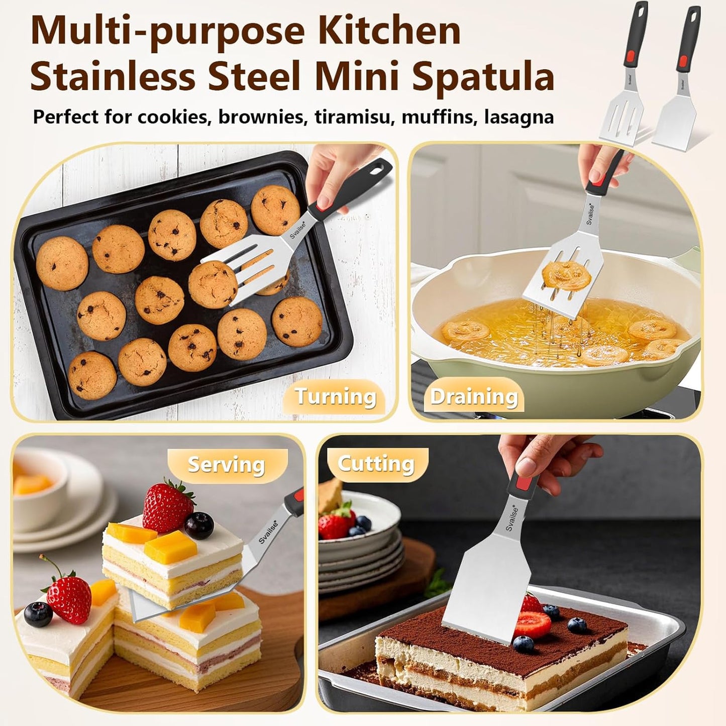 2Pcs Stainless Steel Spatula Set, Metal Turners for Kitchen Use, Metal Cooking Utensils for Cast Iron Skillet with Silicone Handle, Spatula Flipper for Frying Egg, Brownie, Cookies or Pancake