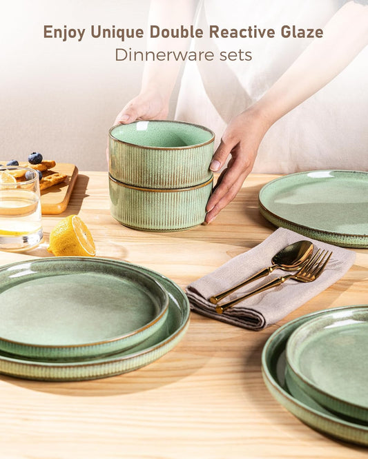 GBHOME Stoneware Dinnerware Sets for 4,Round Reactive Glaze Ceramic Plates and Bowls Set,Highly Scratch Resistant | Dishwasher & Microwave Safe Dishes Set,Service for 4(12Pcs)