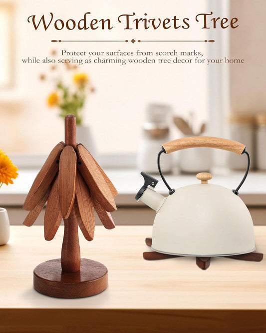 Tree-Shaped Placemats, Foldable Heat Resistant Anti-Stain Wood Trivet for Hot Dishes Pans, All-in-1 Set, 3PCS Easy-Cleaning Walnut Wood + Stand Coasters