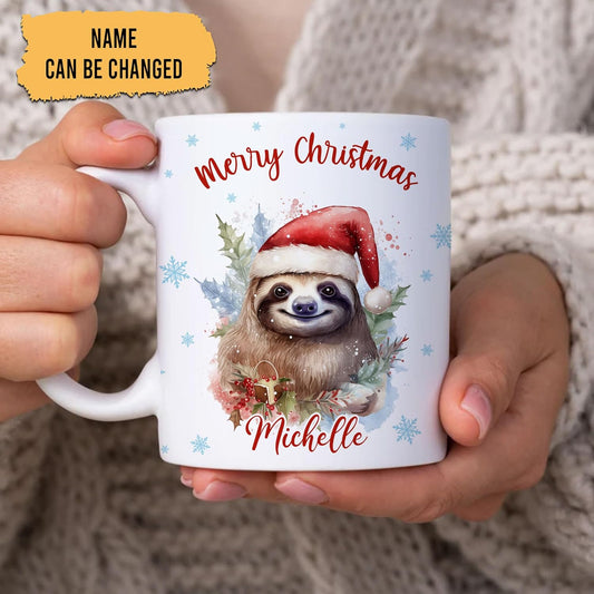 Hyturtle Personalized Gifts Sloth Lover - Sloth Wearing Santa Hat Custom Name Ceramic Coffee Mug Cup 11oz - Cute Animal Lovers Gifts For Women, Girl kids Family On Birthday, Christmas