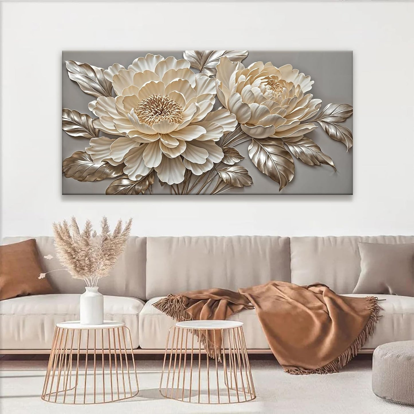 Tsomzxng White Wall Art Modern Flower Wall Decor Canvas Prints Picture White Flower Canvas Art Wall Decor Modern Elegance Wall Artwork Bedroom Living Room Office Home Decoration 24" X 48"