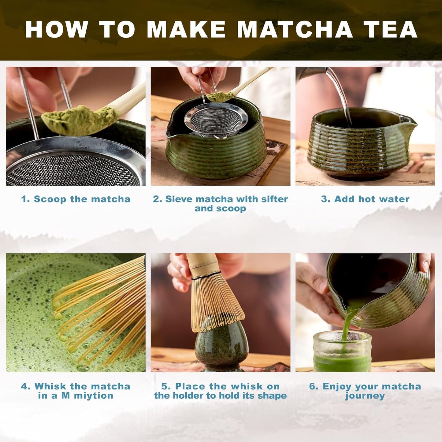 Matcha Whisk Set,(8Pcs) Includes Ceramic Matcha Bowl, Whisk, Holder, Scoop and Spoon, Rest, Sifter, Tea Towel,Traditional Tea Ceremony Set Gift