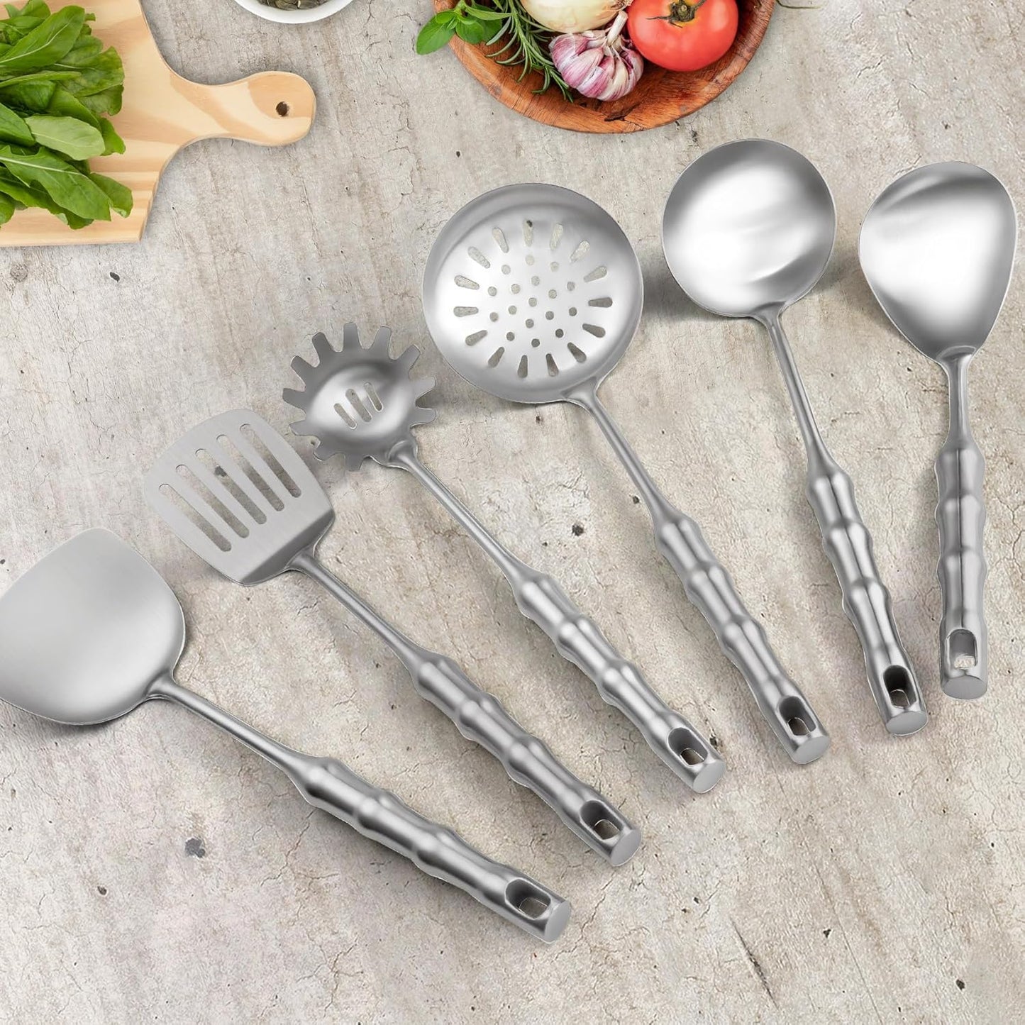 304 Stainless Steel Cooking Utensils,6 Pcs Metal Cooking Utensils Set,Kitchen Tools Set Include Soup Spoon,Slotted Spatula,Skimmer,Spaghetti Spoon,etc (Dishwasher Safe)