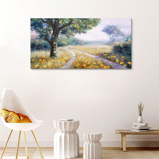CHATYOUNG Canvas Wall Art Vintage Decor, Rustic Meadow With Wildflowers Painting Poster Prints Landscape Wall Pictures for Living Room Bedroom Bathroom Farmhouse Wall Decor 20"X40"