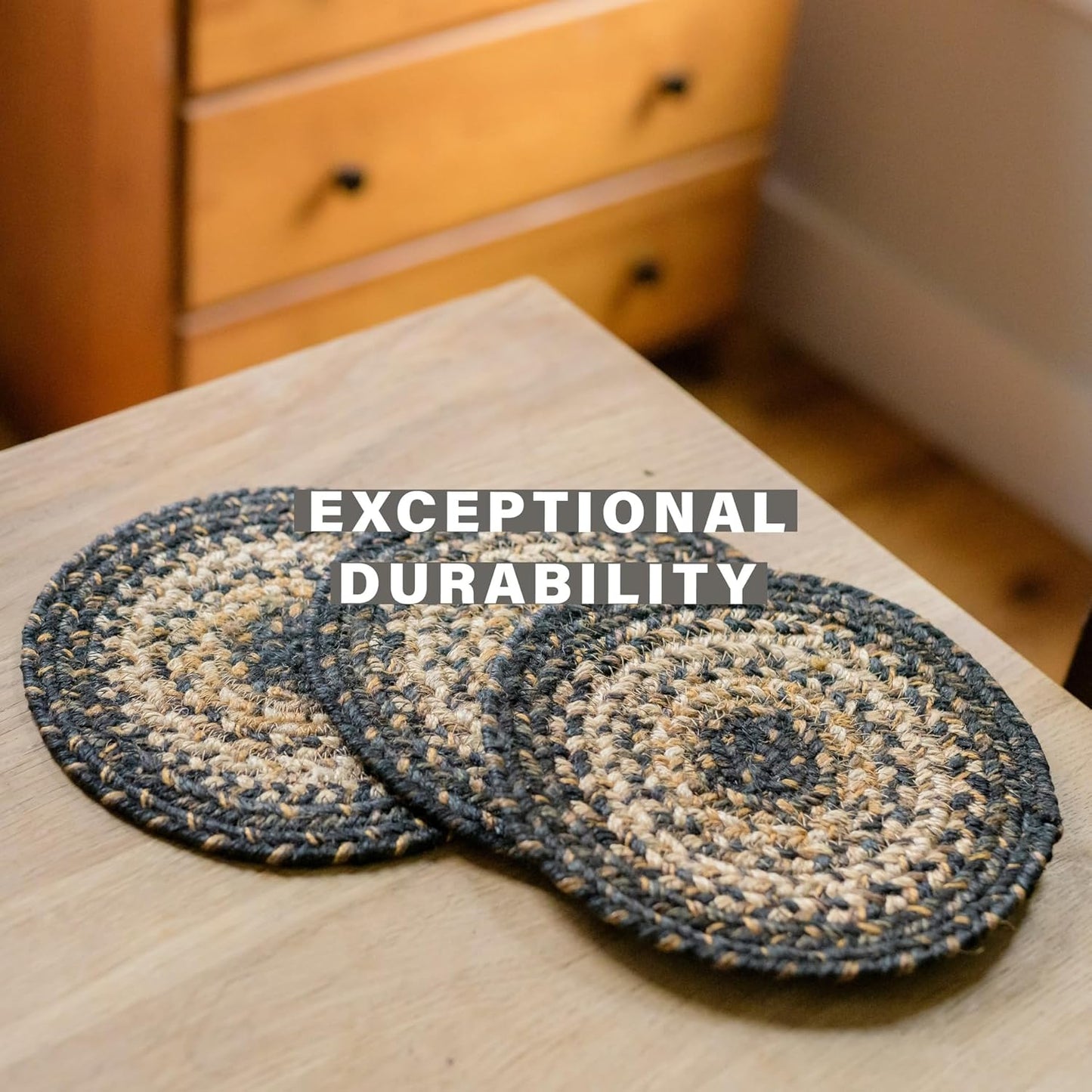 Homespice Kilimanjaro Round Braided Placemats, Warm Primitive Decor, Set of 2, 15" Black and Tan Jute Table Mats - Vibrant Colors, Durable, Easy to Clean and Protects Furniture