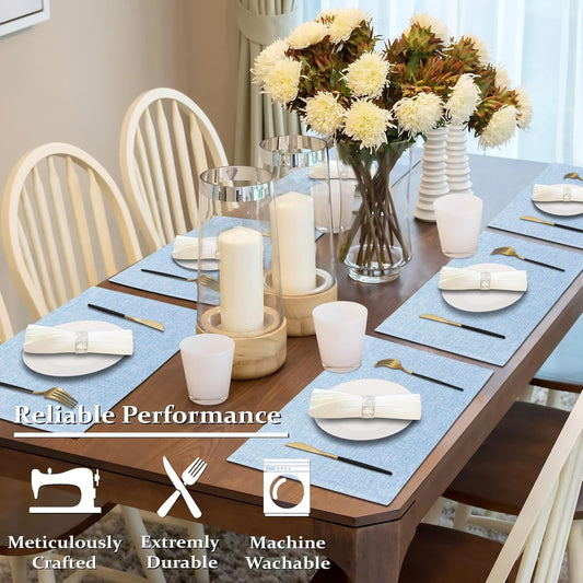 Cloth Placemats Set of 6, Cotton Linen Blend Machine Washable Double Layered Durable Place Mats Heat Resistant Placemats Wrinkle Free Thick Fabric Dining Table Mats (Light Blue, 6)