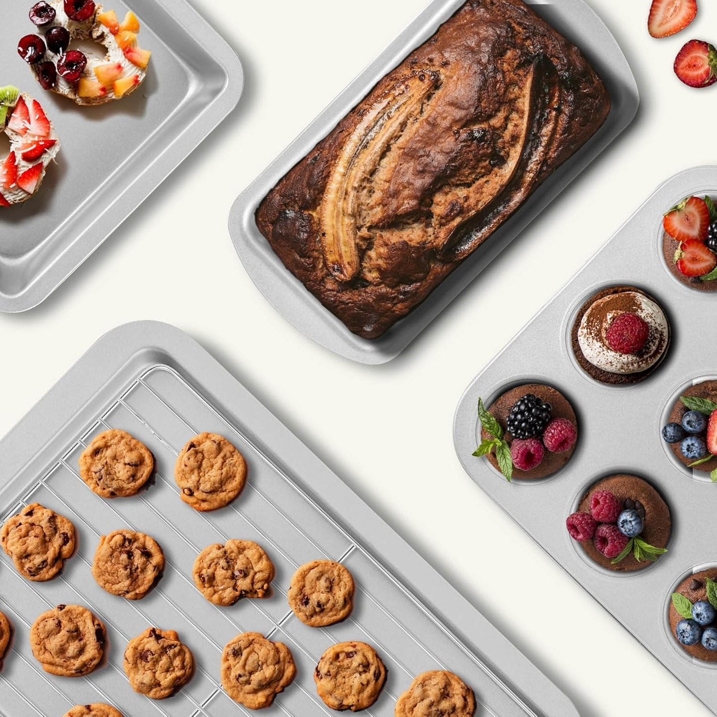 KITESSENSU Baking Pans Sets, Nonstick Bakeware Set 7-Piece with Round/Square Cake Pan, Loaf Pan, Muffin Pan, Cookie Sheet, Roast Pan, Cooling Rack, Carbon Steel Bake Set,Silver