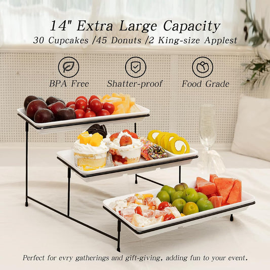 3 Tier Serving Tray for Party 14" White Reusable Dessert Table Display Set Black Metal Cupcake Stand Cookie Serving Platter for Serving Food Party Collapsible Sturdier Fruit Tiered Tray Stand Sturdier