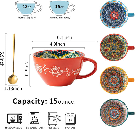Red Boho Coffee Mug Set of 1 with Coffee Spoon, Ceramic Large Cups 15 oz/ 450ml, Porcelain Cups for Latte, Tea, Cappuccino, Cocoa, Soup, Dishwasher Microwave Safe, Gift Set Bohemian Style