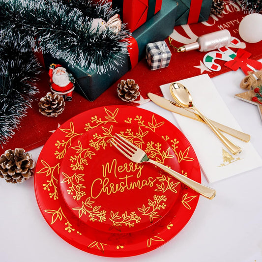 Morejoy 175PCS Christmas Disposable Plates, Red and Gold Plastic Plates Set, Red Gold Dinnerware Set Includes: 50PCS Plates, 25Cutlery Sets, 25PCS Cups, 25PCS Napkins,for Christmas party, wedding