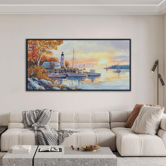 QZQCBLC Harbor Landscape Wall Art, Sunset Over the Sea Homeward-bound Boat Pictures Artwork Large Modern Lighthouse Ocean View Painting Framed for Living room Bedroom kitchen Home Office Decor 24x48 IN