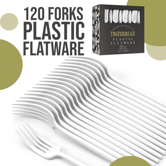 Trendables 120 Pack White Plastic Forks - 120 Count, Disposable, Fine, Gloss, Durable, Classy, Perfect for Parties