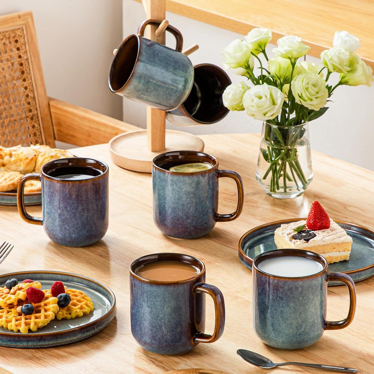 vancasso 16 oz Coffee Mugs Set of 6, Large Ceramic Mug with Handle, Unique Glaze Coffee Cups for Latte, Cappuccino & Hot Cocoa, Dishwasher & Microwave Safe, Blue, Series ONION