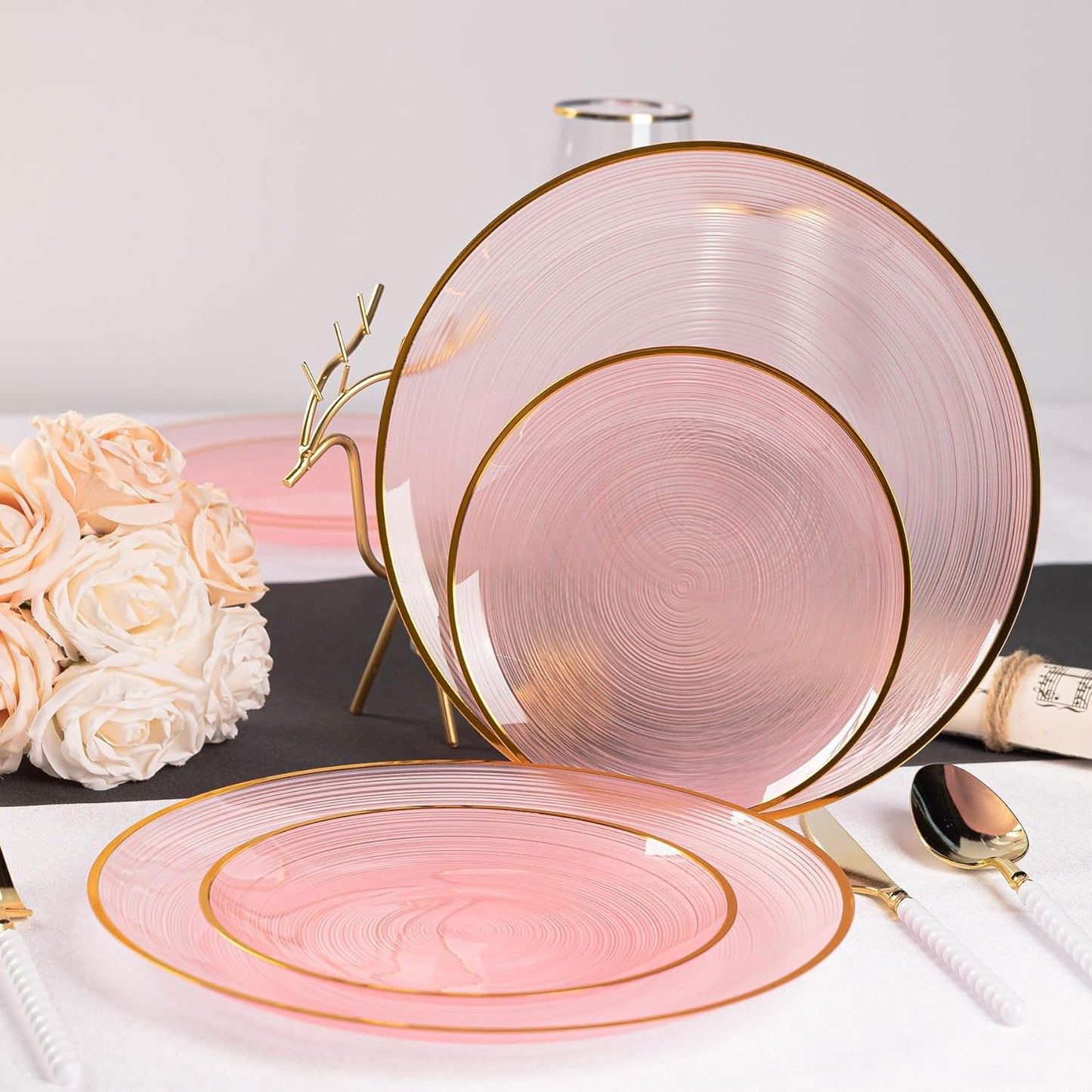 100PCS Pink Plastic Plates-Crystal Design Pink Disposable Plates with Gold Rim, Fancy Disposable Plates Include 50 Dinner Plates, 50 Dessert/Salad Plates for Party & Wedding