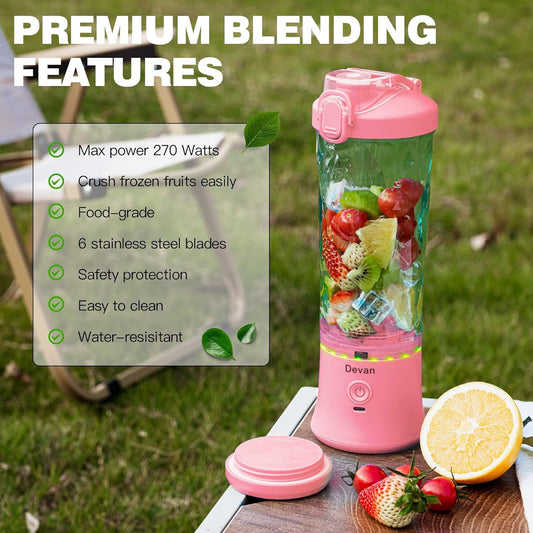 Pink Portable Blender - 270W USB Rechargeable, 20 oz BPA-Free Cup & Travel Lid for Shakes & Smoothies