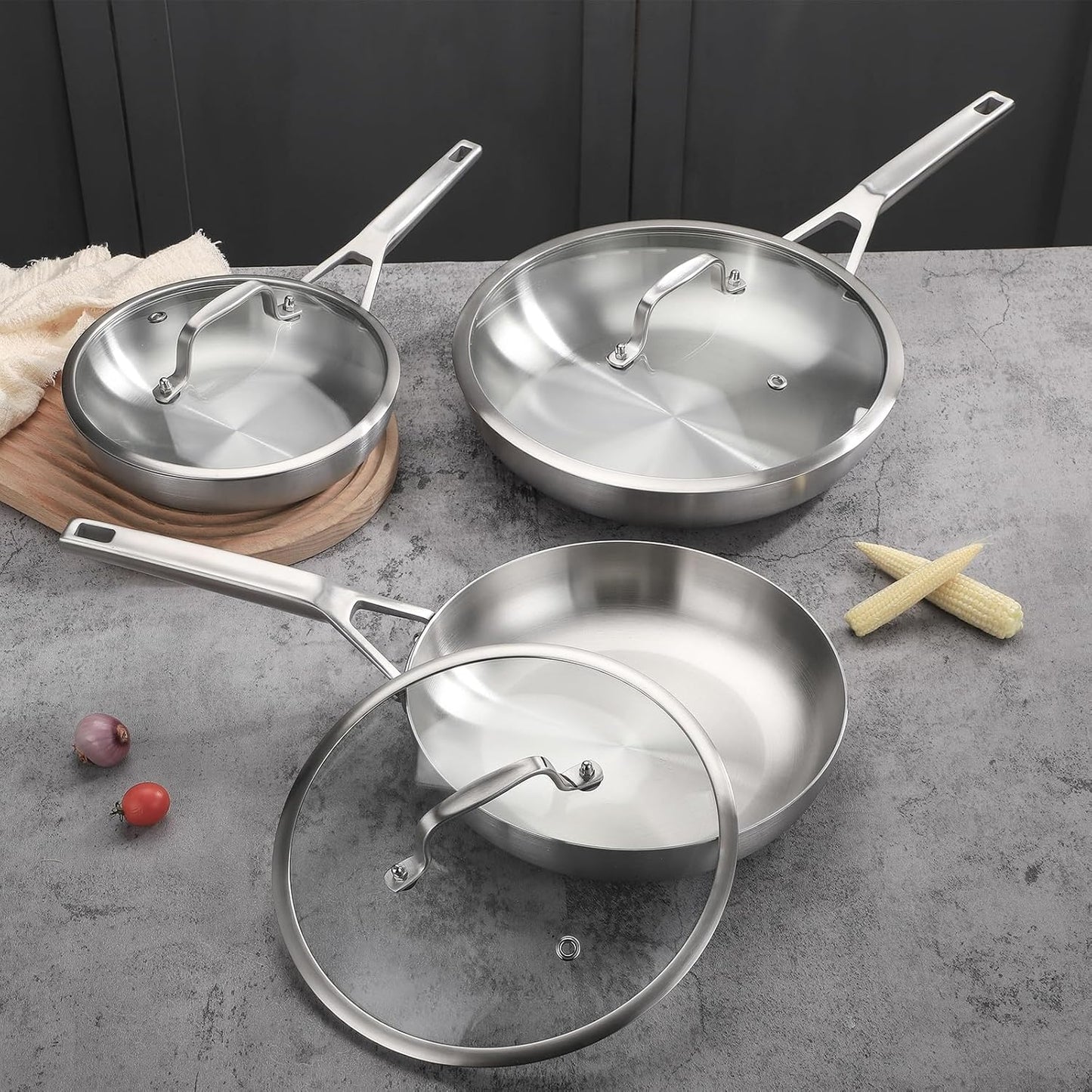 3 Ply Stainless Steel Pan Set, 8" 10" 12", Fast & Even Heating, Up to 650F, Oven & Dishwasher Safe, Compatible with All Cooktops
