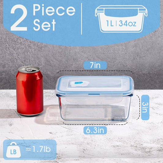 NUTRIUPS 1L Glass Food Storage Containers Set of 2, Rectangular Meal Prep Containers, Food Storage Containers