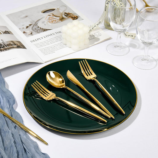 I00000 150Pcs Green Plastic Plates with Gold Rim, Fancy Christmas Plates,Green Disposable Plates Set include 30 Dinner Plate,30 Dessert Plate, 90 Plastic Silverware Set for Christmas,Party,Wedding