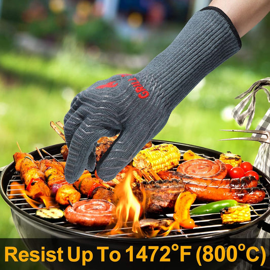 QUWIN BBQ Gloves, Oven Gloves 1472℉ Extreme Heat Resistant, Grilling Gloves Silicone Non-Slip Oven Mitts, Kitchen Gloves for BBQ, Grilling, Cooking, Baking-1 Pair… (Grey, One Size(Long Cuff))