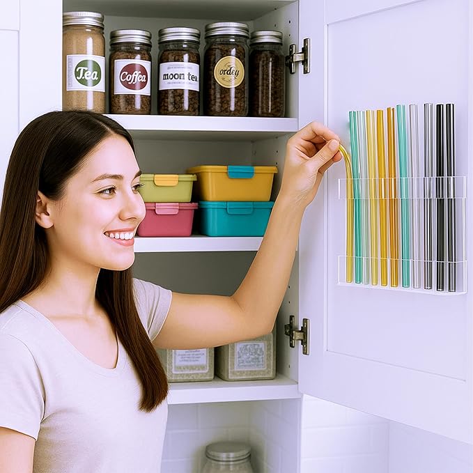 Acrylic Straw Holder for Cabinet Door or Countertop - Clear Organizer & Dispenser with Stickers for Reusable Tumbler Straws, Space-Saving Kitchen Accessories Container, Cupboard Storage
