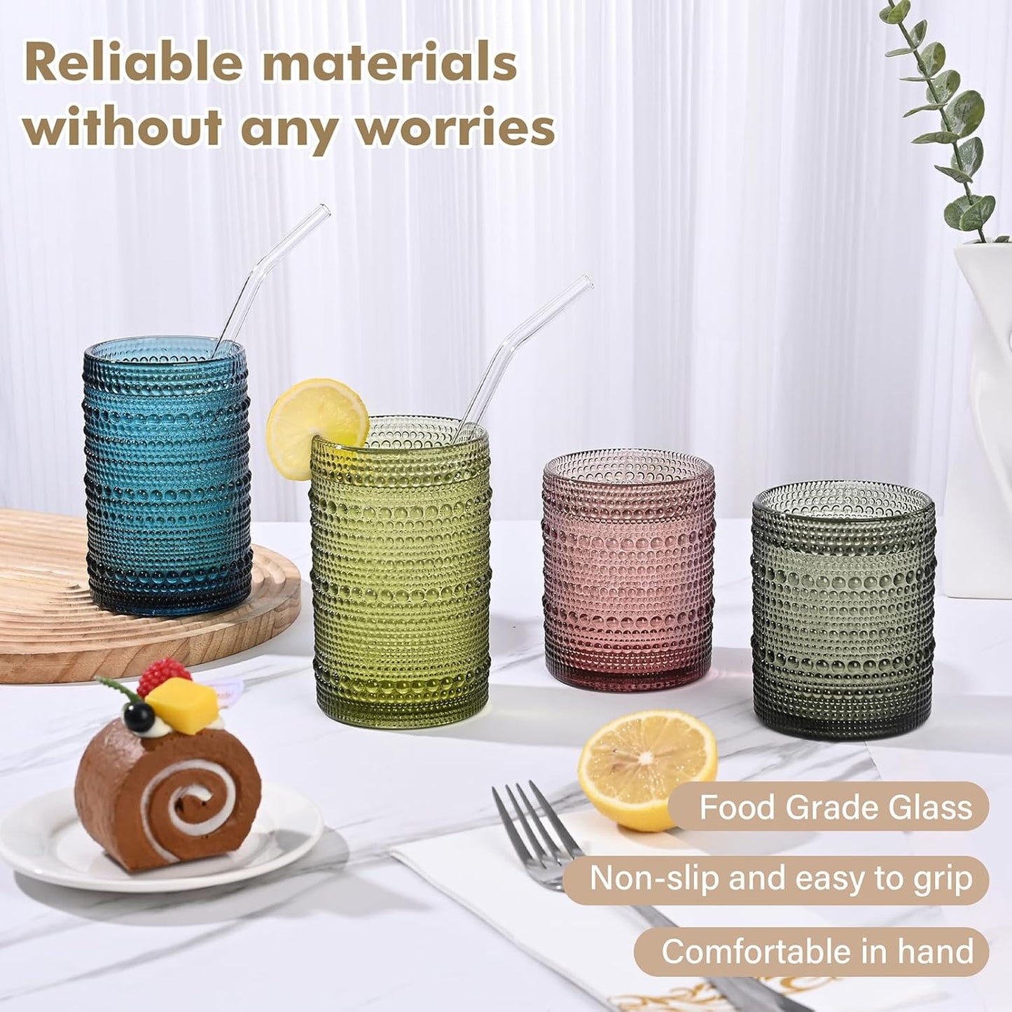 Vintage Hobnail Drinking Glasses Set of 8,Colored 12 oz & 15oz Highball Glass Cups, Kitchen Drinkware Glassware,Embossed Water Tumbler,for Beer,Cocktail,Whiskey,Juice and Various Mixed Drinks