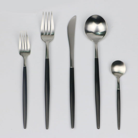 5-Piece 18/10 Stainless Steel Flatware Set, Serive for 1, With Fork Spoons Knife Teaspoon Dessert Fork for Home Kitchen Restaurant Hotel (Black + Silver)