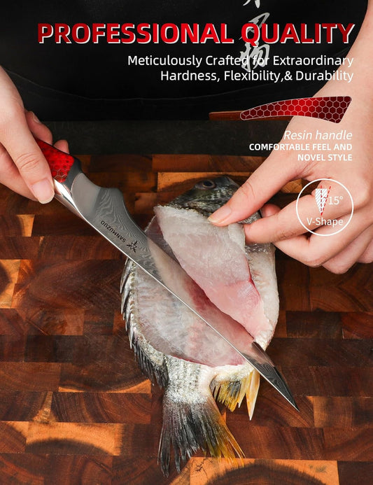 7 inch Fillet Knife, Japanese VG-10 Damascus Steel Kitchen Fish Knife, Ultra Sharp Boning Knife with Full-tang Handle in Red Resin, LA-S9 Series