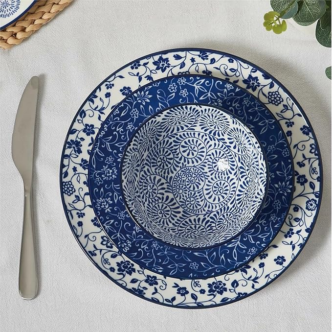 ONEMORE 12 Piece Ceramic Dinnerware Set for 4, Vintage Blue Stoneware Plates & Bowls Set - Scratch Resistant, Microwave, Dishwasher & Oven Safe, Everyday Family Meals