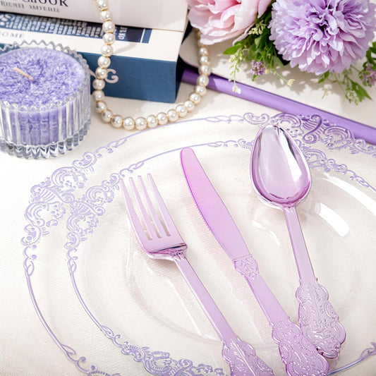 Hioasis 175pcs Clear Purple Plastic Plates - Elegant Disposable Dinnerware Set Suitable for 25 Guests Include 10.25" Dinner & 7.5" Dessert Plates, Pre Rolled Silverware Set, Cups for Party & Wedding