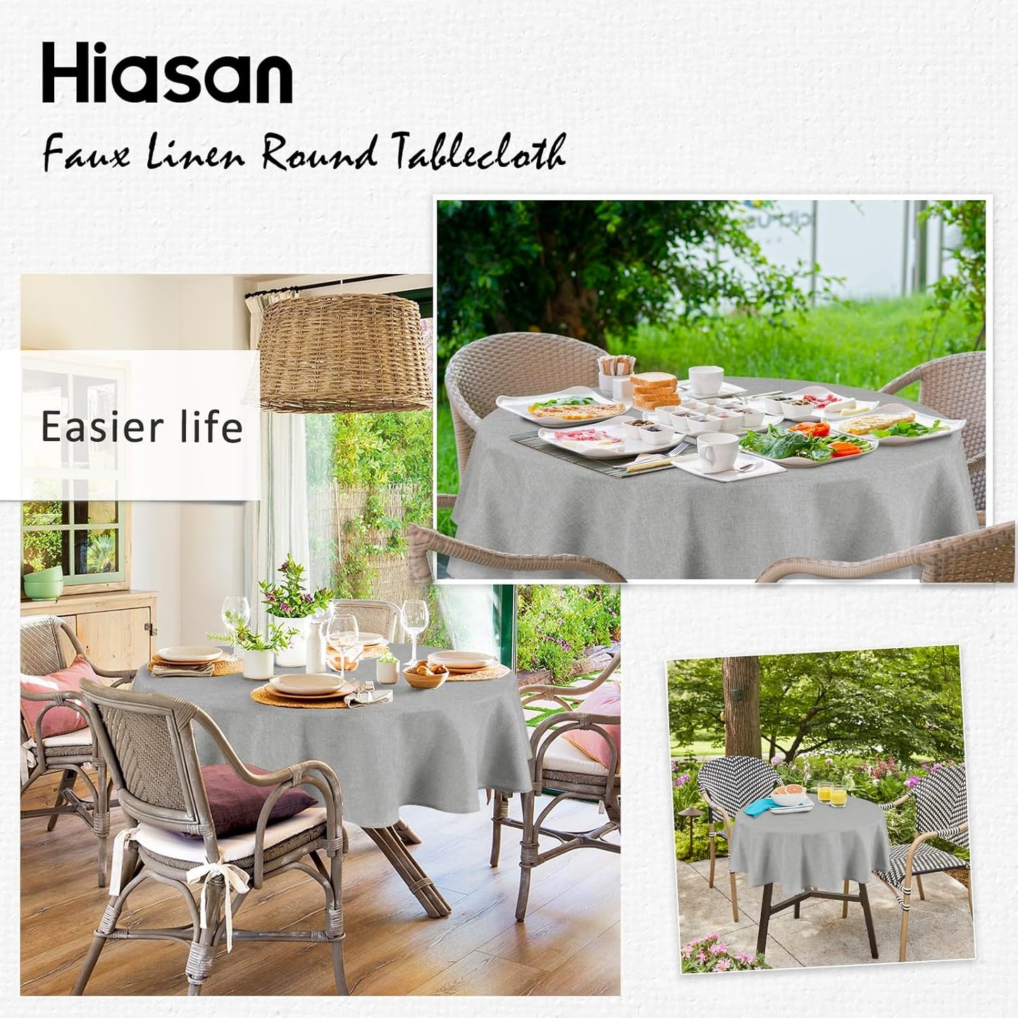 Hiasan Round Tablecloth 80 Inch Linen - Wrinkle and Stain Resistant Washable Polyester Fabric Table Cloth for Dining Room Kitchen Party, Light Grey