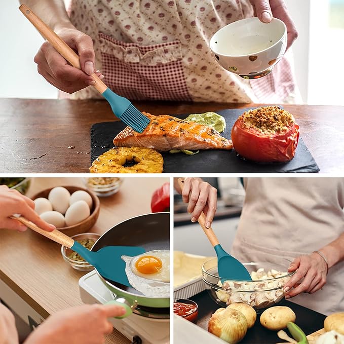 Kitchen Utensils Set of 12, E-far Silicone Cooking Utensils with Holder, Non-stick Cookware Friendly & Heat Resistant, Includes Spatula Tong Whisk Ladle Brush Slotted Turner Spoon(Teal Blue)