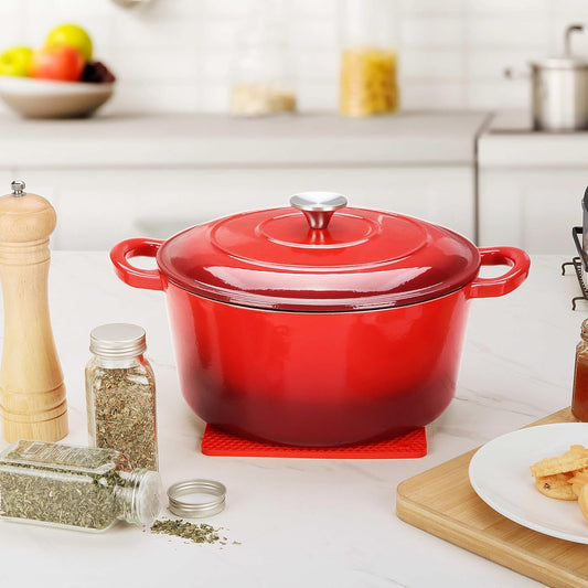 Herogo 6QT Enameled Cast Iron Dutch Oven & Silicone Trivet Mat, Round Dutch Oven Pot with Lid Dual Handles for Bread Baking Stewing Roasting, Safe for Various Stovetops, Nonstick & Easy Cleanup-Red