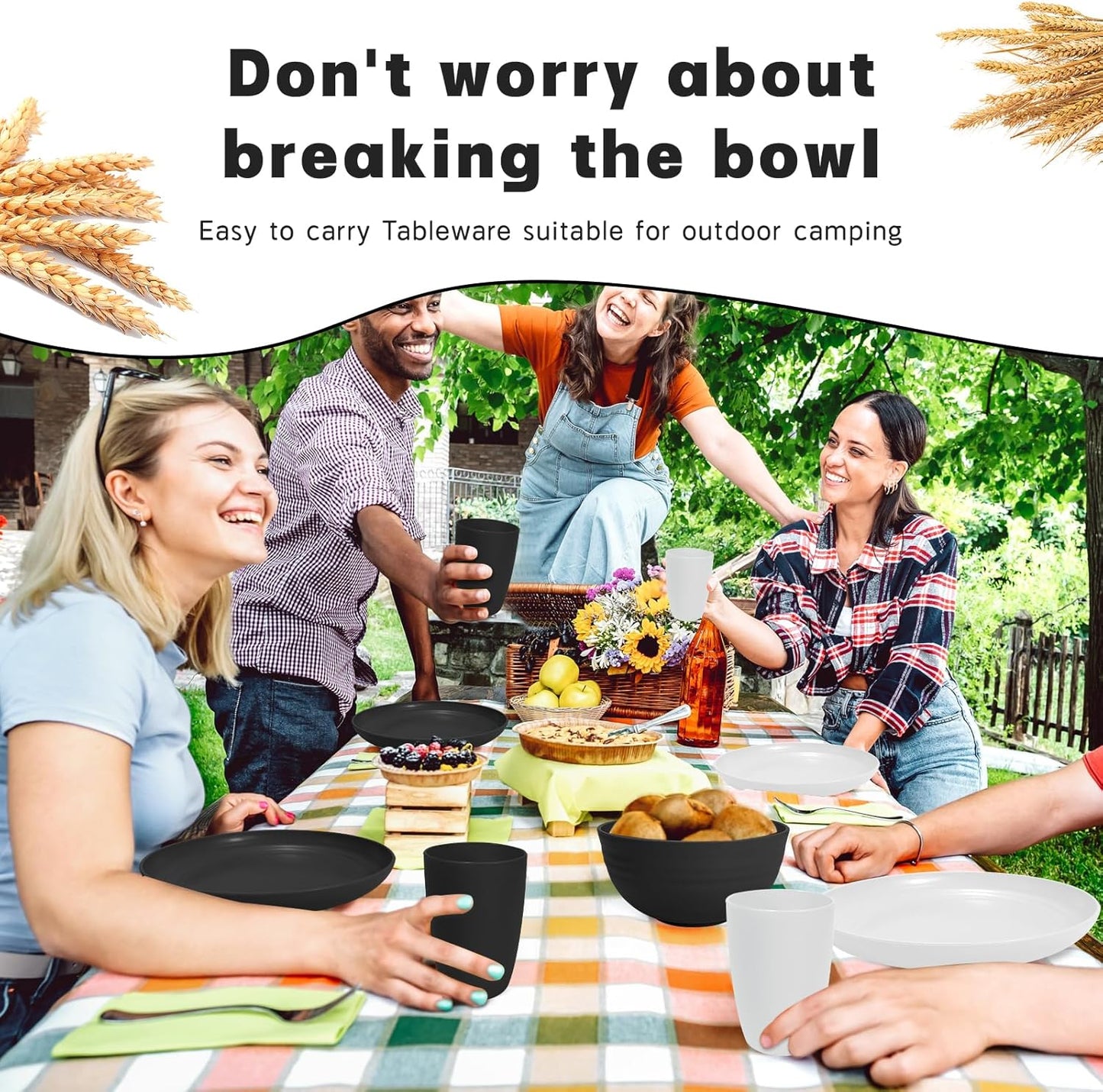 Kitchen Wheat Straw Dinnerware Sets (33pcs) Attached cleaning brush,Service For 8,Plastic Plates and Bowls Sets,Unbreakable Dinnerware,Lightweight Plastic Plate Set (Black white)